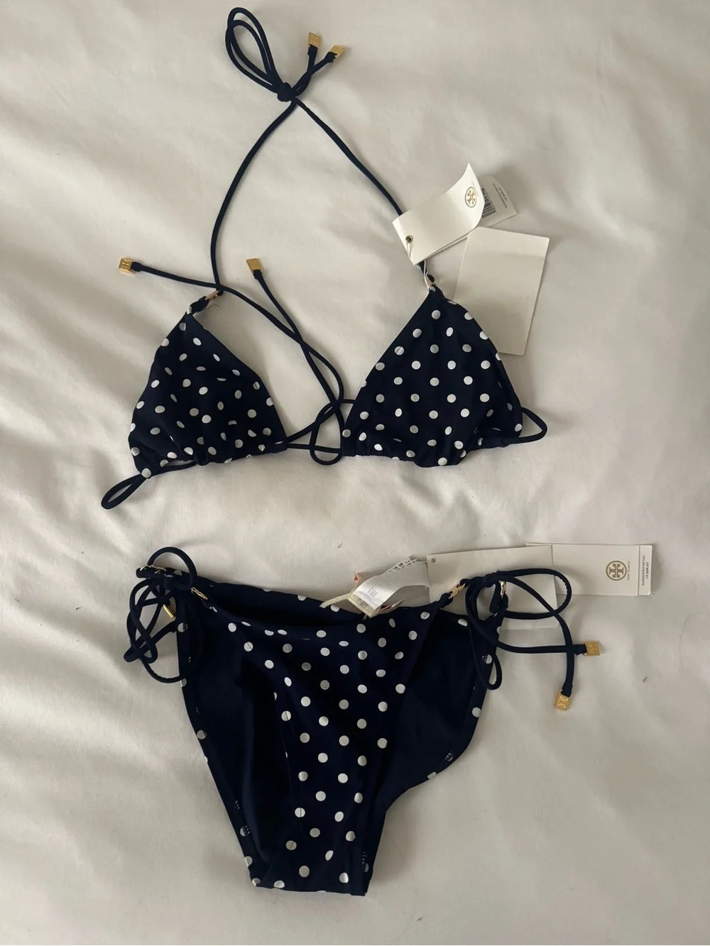 Tory Burch Navy Blue Polka Dot Triangle XS Bikini Set NWT - Picture 1 of 3